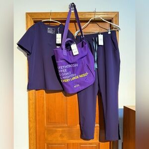 NWT FIGS Catarina, Yola Skinny Scrubs Set & Bag Limited Edition Purple Jam 💜